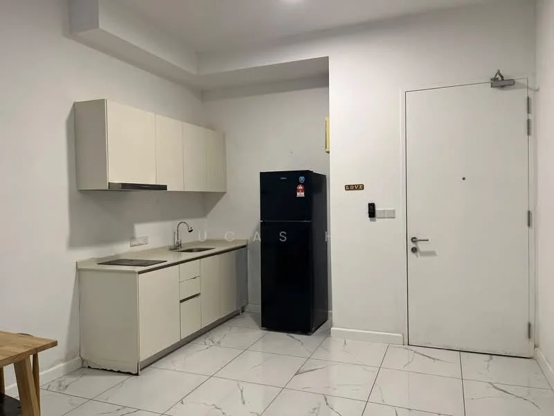 Kitchen features: white cabinetry, stainless-steel sink, chrome faucet, black fridge, marble tile flooring, white walls, countertop with storage, wall-mounted cabinet; style: modern.