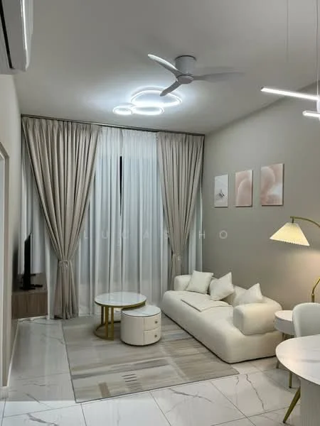 Living features: white walls, marble tile flooring, 5-blade ceiling fan with integrated LED light, floor-to-ceiling windows with sheer curtains, light-colored sectional sofa, round coffee table with gold accents, area rug with geometric pattern, decorative wall art, TV console, wall-mounted TV; style: modern.