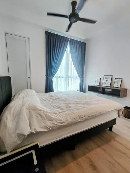 Bedroom features: king-size bed, white bedding, 5-blade ceiling fan, floor-to-ceiling window, blue curtains, wooden flooring, wall-mounted shelf, framed artwork; style: modern.