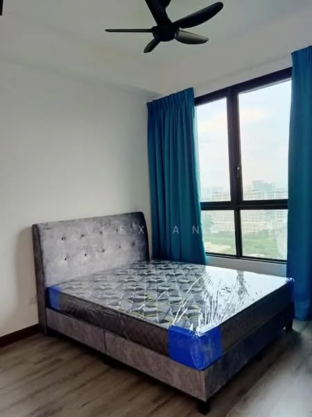 Bedroom features: queen-size bed, upholstered headboard, grey bed frame, floor-to-ceiling window, blue curtains, light wood flooring, ceiling fan, city view; style: modern; view: city.
