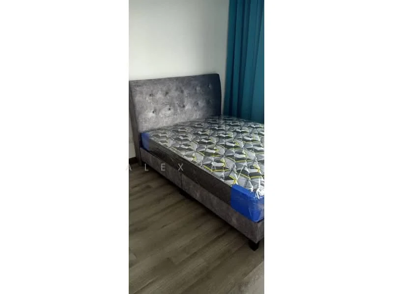 Bedroom features: queen-size bed with upholstered headboard, grey fabric bed frame, mattress with protective cover, light wood flooring, blue curtains, wall with neutral paint, nightstand with drawer, decorative wall art; style: modern.
