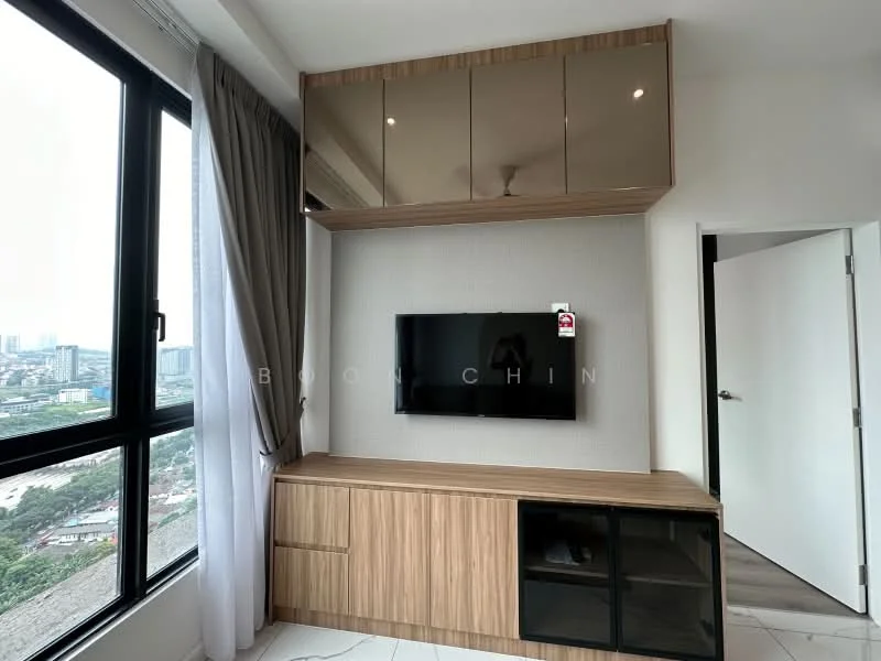 Living features: floor-to-ceiling windows, grey wall with textured finish, wooden TV console with storage, black glass cabinet, mounted flat-screen TV, overhead cabinets with mirrored doors, curtains, white tiled flooring, ceiling fan; style: modern; view: city.