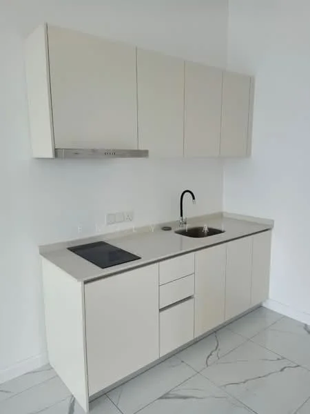 Kitchen features: white cabinetry, marble countertop, single-bowl stainless-steel sink, chrome pull-down faucet, built-in oven, induction cooktop, white walls, grey marble tile flooring; style: modern.