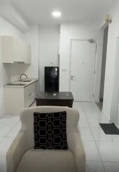 Living features: white painted walls, marble tile flooring, 1 ceiling light, sofa, coffee table, kitchenette with countertop, single-bowl stainless-steel sink, fridge, kitchen cabinets, door to hallway; style: modern.