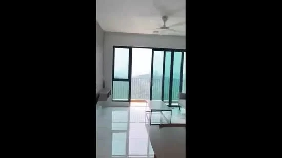 Living features: floor-to-ceiling windows, sliding glass door, 5-blade ceiling fan, white painted walls, glossy tile flooring, glass coffee table, sofa, TV console; style: modern; view: mountain.