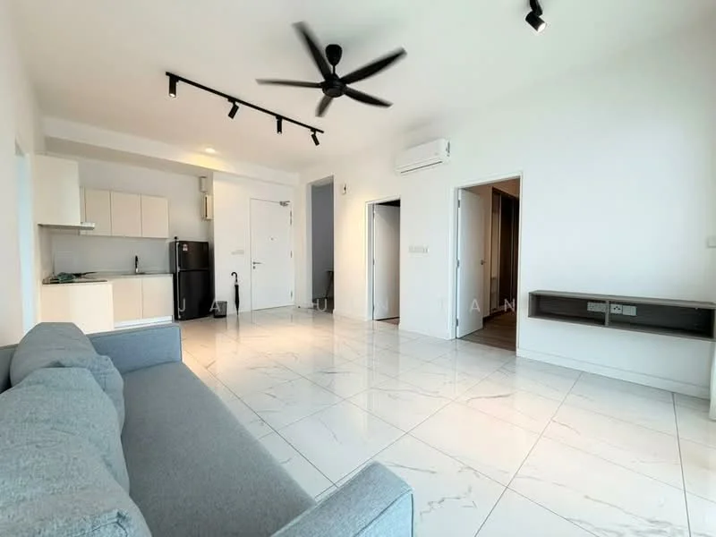 Living features: grey fabric sofa, marble tile flooring, recessed LED downlights, 5-blade ceiling fan, wall-mounted TV console, white painted walls, sliding glass door, black refrigerator, kitchenette with cabinets, open layout, doorways to other rooms; style: modern.