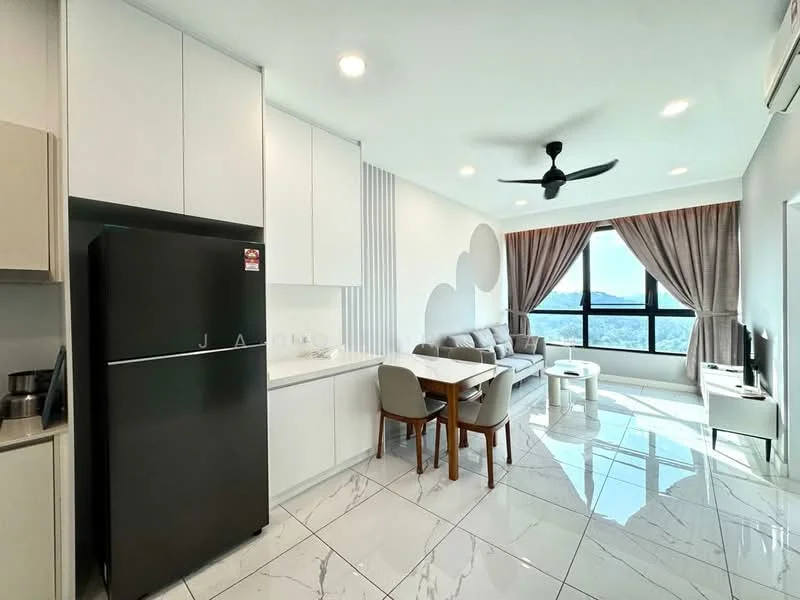 Kitchen features: white cabinetry, black fridge, marble tile flooring, stainless-steel sink, chrome pull-down faucet, built-in oven, 4-burner gas hob, open shelving; style: modern. Living features: 3-seater fabric sofa in grey, coffee table, TV console, wall-mounted TV, floor-to-ceiling windows, curtains, ceiling fan, marble tile flooring; style: modern; view: city.