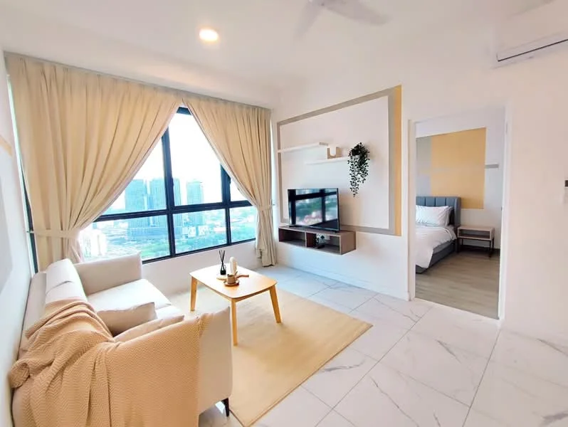 Living features: floor-to-ceiling windows, cream curtains, light grey fabric sofa, wood coffee table, area rug, wall-mounted TV, shelf unit, decorative plant, recessed downlights, ceiling fan; style: modern; view: city. Bedroom features: queen-size bed, upholstered headboard, bedding, nightstand, wall-mounted artwork, wood flooring; style: modern.