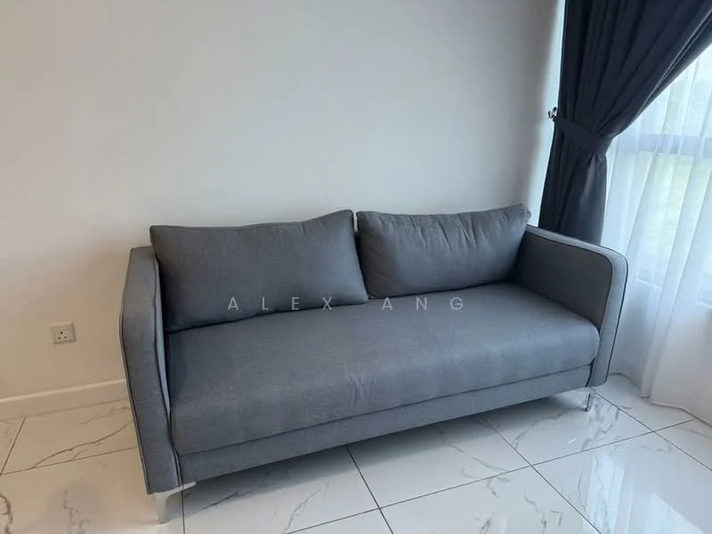 Living features: 3-seater fabric sofa in grey, marble tile flooring, white painted walls, floor-to-ceiling windows with sheer curtains, light-colored curtain, natural light from window; style: modern.