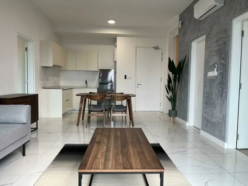 Living features: grey fabric sofa, wooden coffee table, dining table with four wooden chairs, white painted walls, grey accent wall, marble tile flooring, recessed downlights, floor-to-ceiling windows, air conditioning unit, indoor plant in pot; style: modern. Kitchen features: white cabinetry, stainless-steel fridge, built-in oven, ceramic cooktop, single-bowl stainless-steel sink, chrome pull-down faucet, white backsplash, open shelving; style: modern.