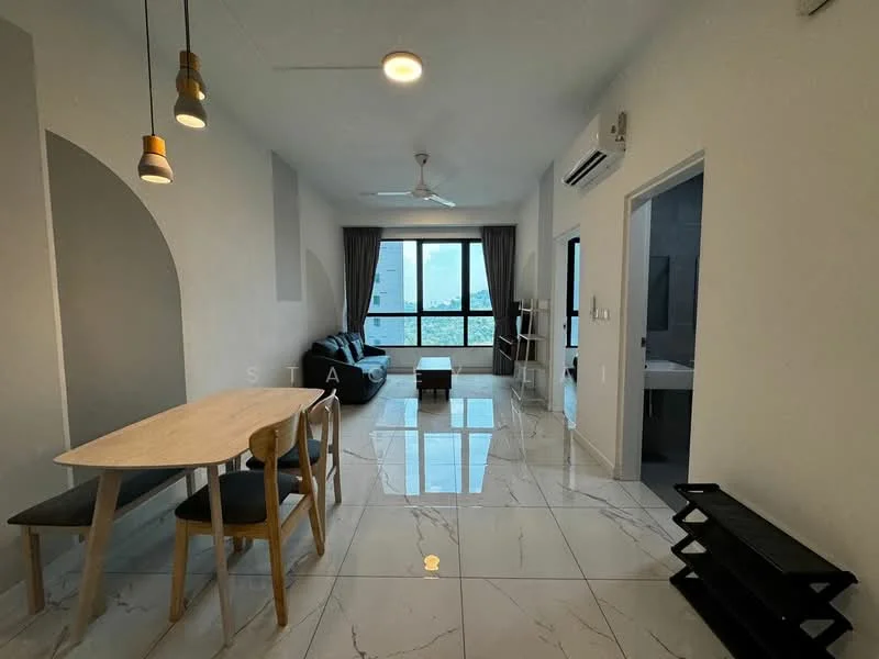 Living features: white painted walls, marble tile flooring, 5-blade ceiling fan with light, floor-to-ceiling windows, black leather sofa, wooden dining table, 4 wooden dining chairs, curtains, air conditioning unit, decorative shelving unit; style: modern; view: city.