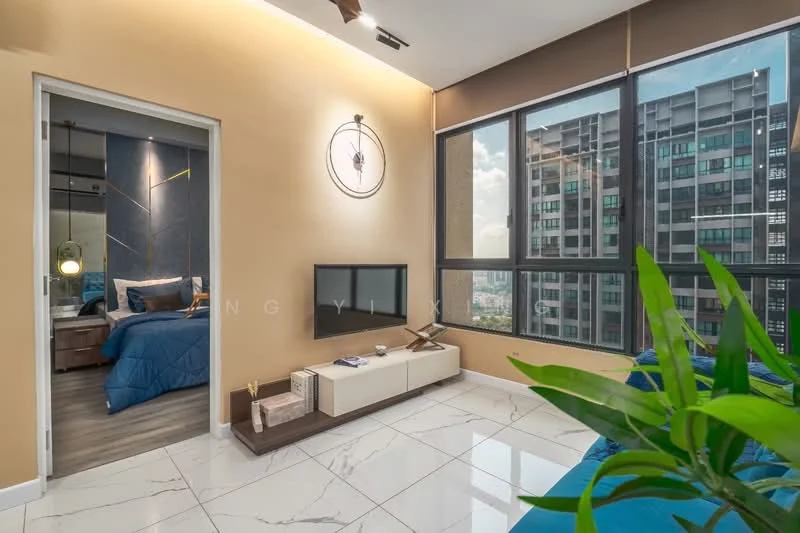 Living features: large floor-to-ceiling windows, marble tile flooring, light brown accent wall, wall-mounted TV, white TV console, decorative wall clock, green indoor plant, blue fabric sofa, recessed ceiling lights; style: modern; view: city. Room features: wooden flooring, blue bedding, decorative wall with geometric pattern, bedside lamps, nightstand.