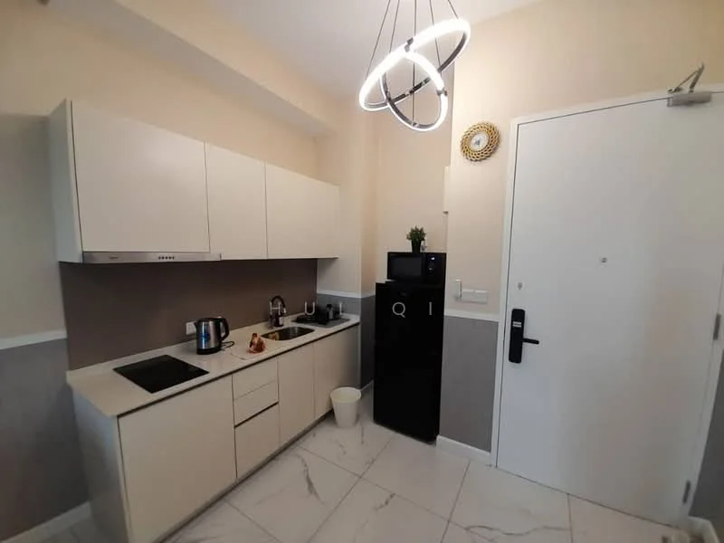 Kitchen features: white cabinetry, black countertop, stainless-steel sink, chrome pull-down faucet, built-in stove, built-in oven, microwave, refrigerator, kettle, decorative wall clock, pendant light fixture, white walls, marble tile flooring; style: modern.