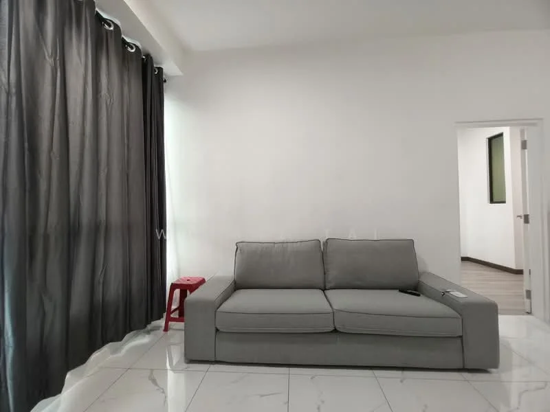 Living features: grey fabric sofa, white walls, black curtains, marble tile flooring, doorway leading to another room, small red stool, recessed lighting, window with natural light; style: modern.