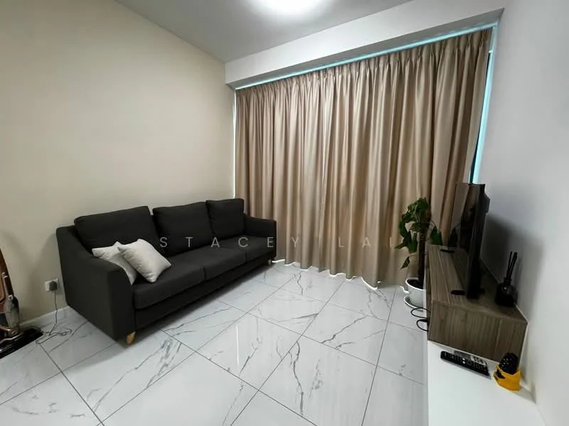 Living features: grey fabric sofa, marble tile flooring, floor-to-ceiling curtains, wooden TV console, wall-mounted TV, decorative throw pillow, remote control on console, light-colored walls; style: modern.