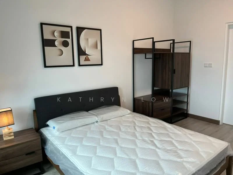Bedroom features: queen-size bed with upholstered headboard, white bedding, nightstand with lamp, wooden flooring, framed artwork on walls, open shelving unit, wooden dresser, white painted walls; style: modern.
