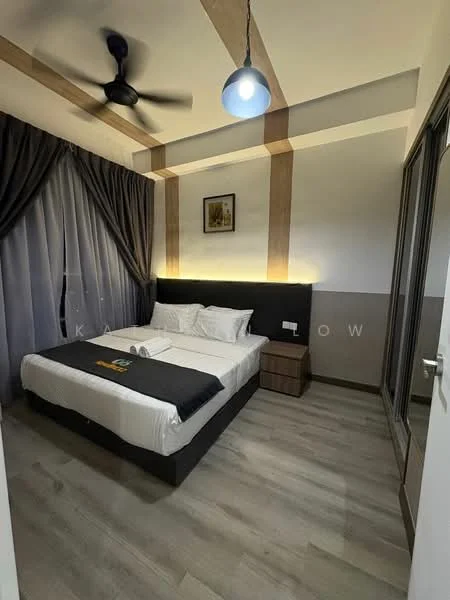 Bedroom features: king-size bed, upholstered headboard, bedside table, ceiling fan with light, recessed lighting, dark grey curtains, wooden flooring, wall-mounted artwork, built-in wardrobe with glass doors; style: modern.