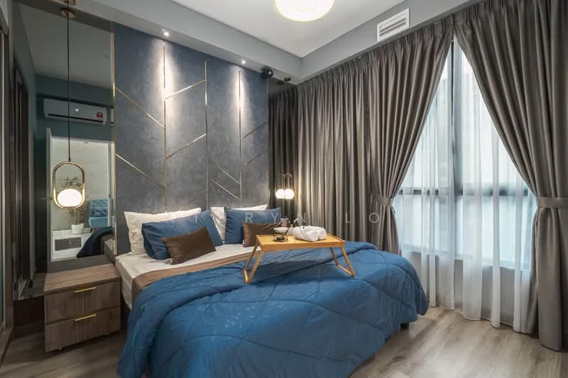Bedroom features: king-size bed with blue bedding, upholstered headboard, bedside table with drawer, decorative tray on bed, floor-to-ceiling windows, sheer curtains, dark grey accent wall with geometric design, wooden flooring, recessed downlights, wall-mounted mirror, decorative wall sconce; style: modern.