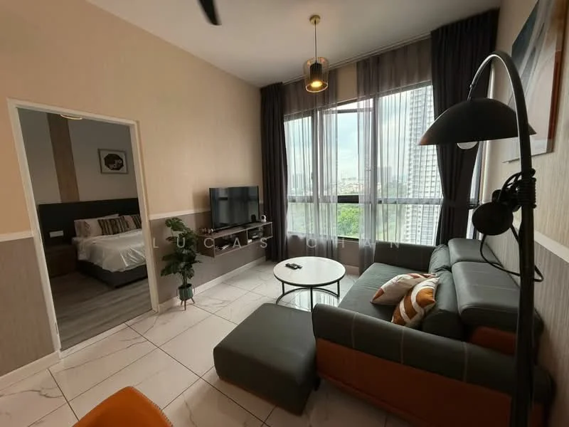 Living features: grey fabric sofa, orange accent cushions, round coffee table, wall-mounted TV, TV console, floor-to-ceiling windows, curtains, decorative floor lamp, marble tile flooring, ceiling fan, wall-mounted plant, decorative wall paneling; style: modern; view: city. Room features: bed with white bedding, nightstand, doorway leading to bedroom.