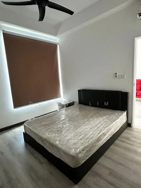 Bedroom features: queen-size bed, upholstered headboard, wooden bedside table, brown roller blinds, light grey walls, laminate flooring, ceiling fan, window with natural light; style: modern.