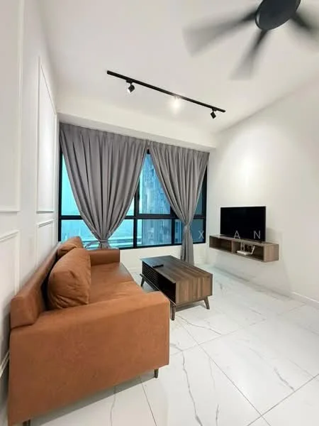 Living features: 3-seater fabric sofa in brown, wooden coffee table, wall-mounted TV, floor-to-ceiling windows, sheer curtains, dark grey curtains, recessed LED downlights, track lighting, marble tile flooring, white painted walls, ceiling fan; style: modern; view: city.