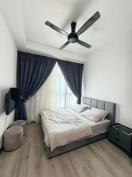 Bedroom features: king-size bed, upholstered headboard, 2 bedside tables, floor-to-ceiling windows, blackout curtains, sheer curtains, 5-blade ceiling fan, light-colored walls, laminate flooring, wall-mounted TV, decorative throw pillows, area rug; style: modern.