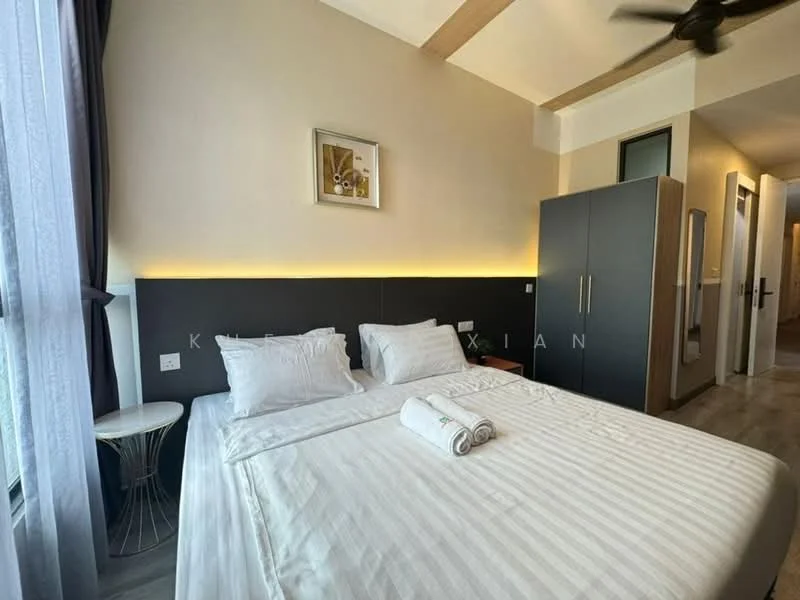Bedroom features: queen-size bed with white bedding, upholstered headboard, bedside table with metallic base, ceiling fan, wooden flooring, built-in wardrobe with sliding doors, wall-mounted artwork, ambient LED lighting, curtains, window with natural light; style: modern.
