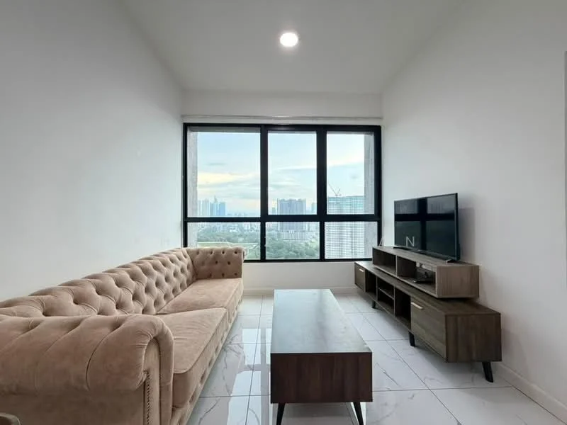 Living features: beige tufted fabric sofa, wood coffee table, wall-mounted TV, TV console in wood, floor-to-ceiling windows, white painted walls, marble tile flooring, recessed downlights; style: modern; view: city.
