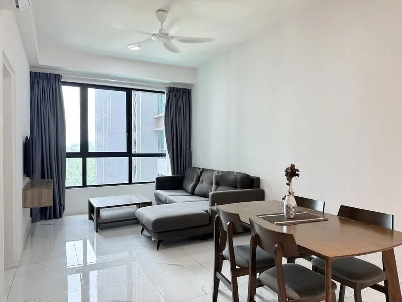 Living features: 3-seater fabric sofa in grey, L-shape sectional sofa, coffee table, dining table for 4, 4 dining chairs, floor-to-ceiling windows, white painted walls, glossy tile flooring, ceiling fan, curtains in dark blue, TV console, wall-mounted TV; style: modern; view: city.
