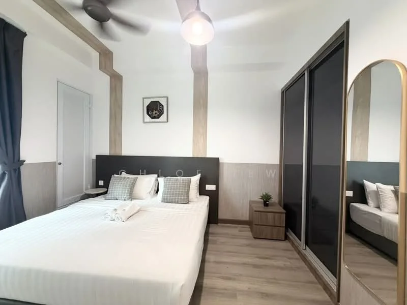 Bedroom features: queen-size bed with white bedding, upholstered headboard, 2 bedside pillows, ceiling fan with light, wooden flooring, built-in wardrobe with sliding doors, decorative wall art, small potted plant, curtains in dark grey, wall-mounted mirror; style: modern.