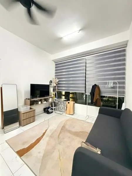 Living features: black fabric sofa, area rug with abstract pattern, TV console, wall-mounted TV, floor-to-ceiling windows with roller blinds, ceiling fan, decorative mirror, wooden side table, clothing rack, decorative items on console; style: modern; view: city.