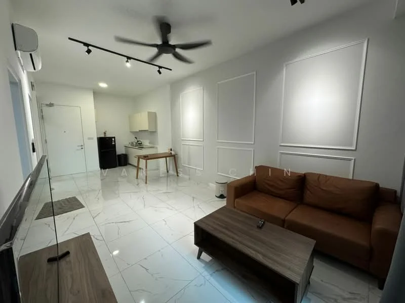 Living features: 3-seater leather sofa in brown, wood coffee table, wall-mounted TV, marble tile flooring, recessed LED downlights, 5-blade ceiling fan, white painted walls with decorative panels, open layout to kitchen, air conditioning unit; style: modern. Kitchen features: white cabinetry, black countertop, stainless-steel sink, freestanding refrigerator, built-in oven, 2-burner electric hob, tile backsplash; style: modern.