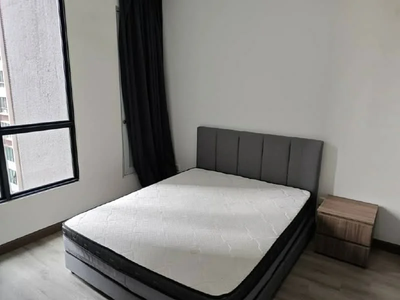 Bedroom features: queen-size bed, upholstered headboard, nightstand, floor-to-ceiling window, blackout curtains, laminate flooring, white painted walls; style: modern; view: city.