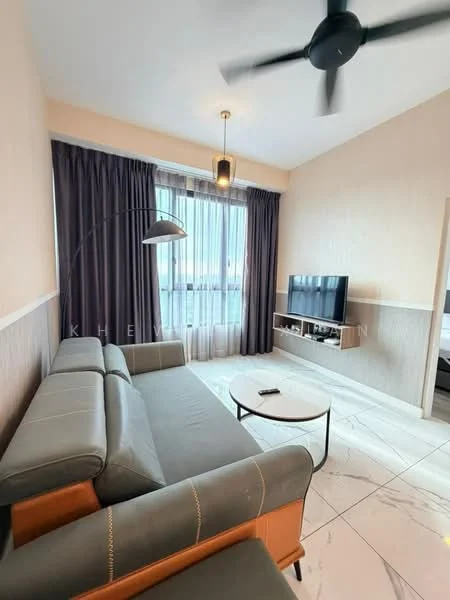 Living features: 3-seater fabric sofa in grey, coffee table, wall-mounted TV, floor-to-ceiling windows, sheer curtains, ceiling fan, marble tile flooring, light fixture, decorative wall paneling, area rug; style: modern; view: city.