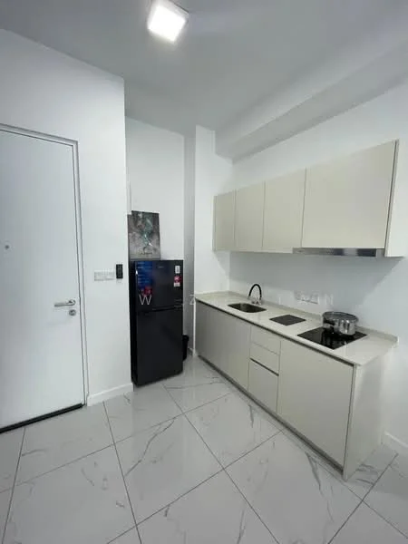 Kitchen features: white cabinetry, black refrigerator, single-bowl stainless-steel sink, chrome pull-down faucet, marble countertop, built-in stove, white walls, tile flooring with marble pattern, recessed ceiling lights; style: modern.