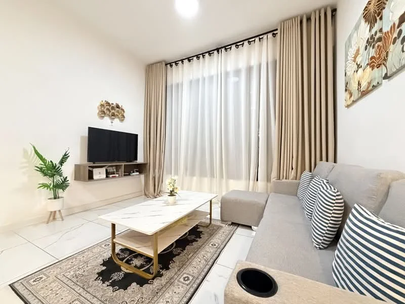 Living features: light grey fabric sofa, striped cushions, marble coffee table, black and white area rug, wall-mounted TV, wooden TV console, floor-to-ceiling windows, sheer curtains, decorative wall art, indoor plant in white pot; style: modern.