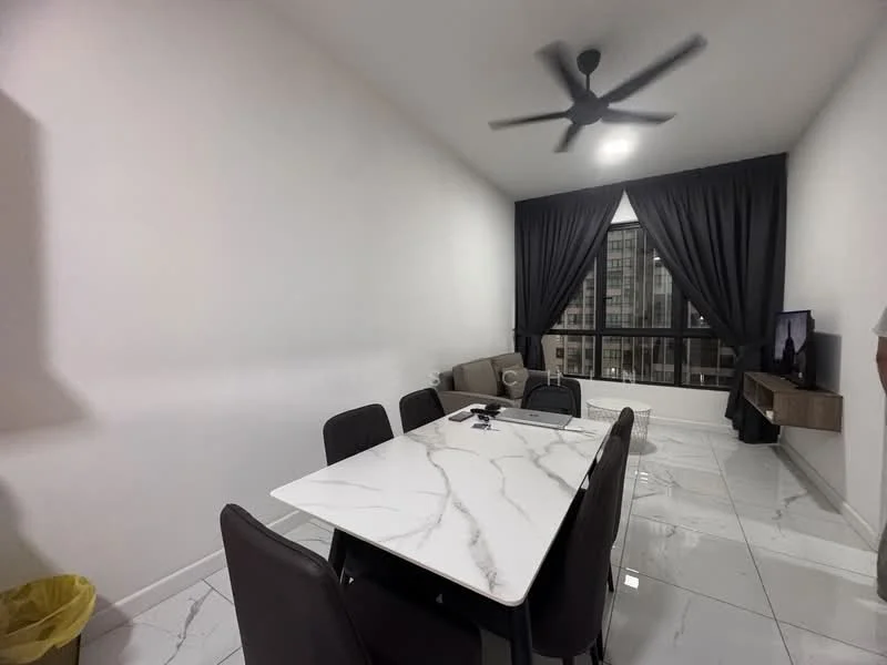 Dining features: white marble dining table, black upholstered dining chairs, 5-blade ceiling fan with light, large floor-to-ceiling windows, black curtains, light grey tiled flooring, wall-mounted TV, wooden TV console, sofa in beige, decorative wall; style: modern; view: city.