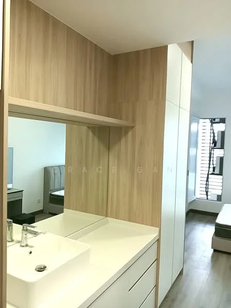 Room features: wood paneling on walls, white cabinetry, white countertop, single-bowl sink, chrome faucet, mirror above sink, laminate flooring, window with horizontal slats; style: modern.