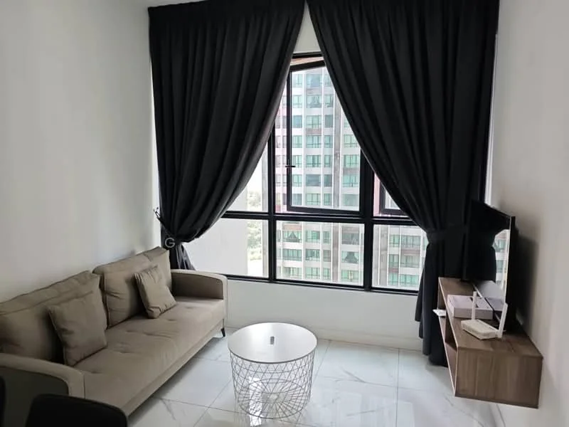 Living features: 3-seater fabric sofa in beige, round coffee table with metal base, floor-to-ceiling windows, blackout curtains, white painted walls, marble tile flooring, wall-mounted TV console, decorative wall art; style: modern; view: city.