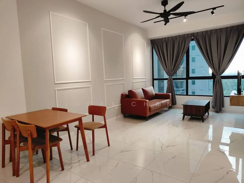 Living features: 3-seater fabric sofa in red, wooden coffee table, 6-seater dining table, 4 wooden dining chairs, marble tile flooring, grey curtains, floor-to-ceiling windows, recessed downlights, decorative wall panels, air conditioning unit, wall-mounted TV, area rug; style: modern; view: city.
