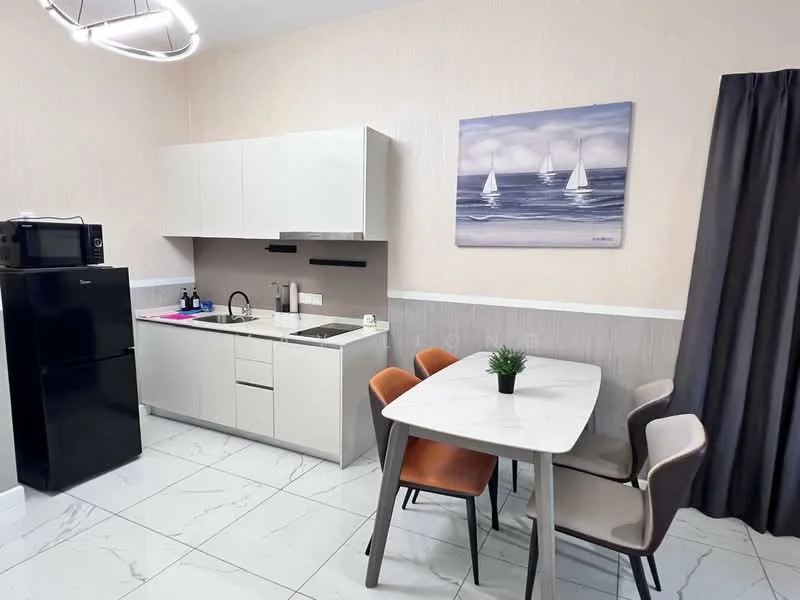 Kitchen features: white cabinetry, black countertop, stainless-steel sink, chrome pull-down faucet, built-in stove, microwave, black refrigerator, marble tile flooring, pendant light fixture, wall-mounted artwork, grey curtains, dining table with four chairs; style: modern.