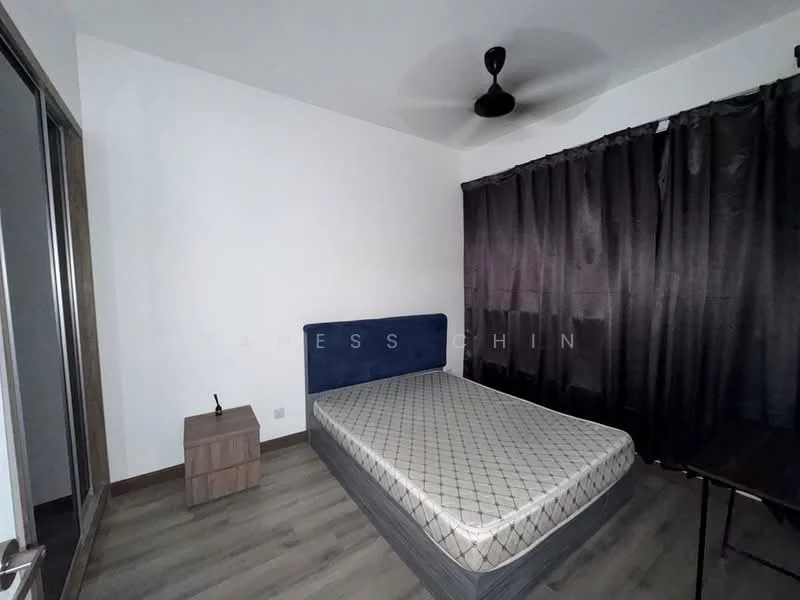 Bedroom features: queen-size bed, upholstered headboard, dark curtains, wood bedside table, ceiling fan, laminate flooring, white painted walls, window with glass panel; style: modern.