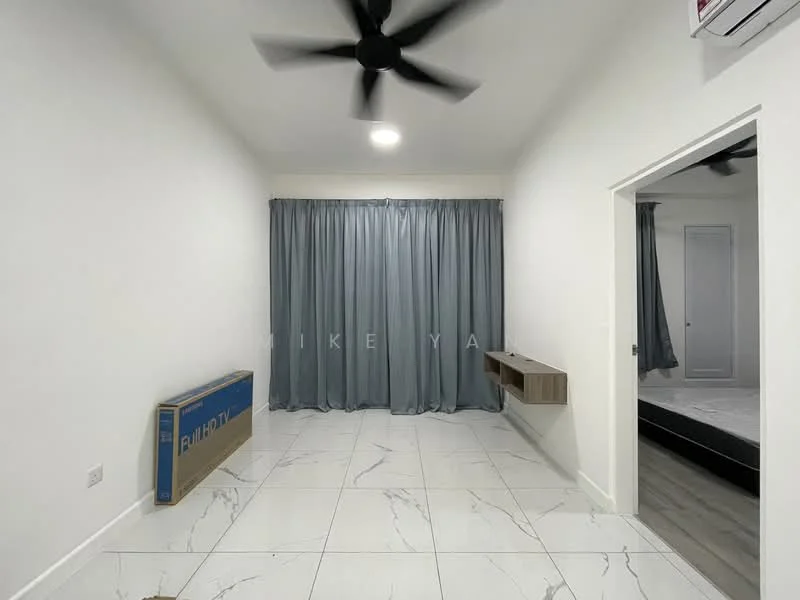 Room features: white painted walls, marble tile flooring, 5-blade ceiling fan, grey curtains, floating shelf, doorway leading to another room, box against the wall; style: modern.