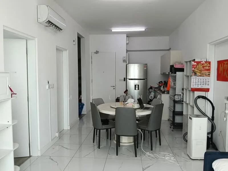 Dining features: round dining table, upholstered dining chairs, white walls, marble tile flooring, wall-mounted split AC, refrigerator, vacuum cleaner, calendar on wall, door leading to hallway, open shelving unit, light fixtures on ceiling; style: modern. Room features: white walls, marble tile flooring, light fixtures on ceiling.