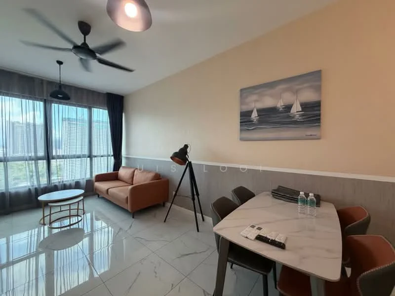 Living features: 3-seater fabric sofa in orange, round coffee table, dining table with 4 chairs, ceiling fan with light, floor-to-ceiling windows, curtains, marble tile flooring, wall-mounted artwork, light fixture, decorative plant; style: modern; view: city.