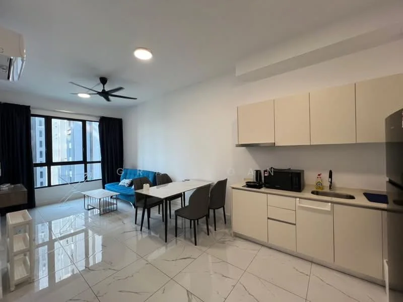 Living features: white painted walls, marble tile flooring, 5-blade ceiling fan with light, floor-to-ceiling windows, blackout curtains, grey fabric sofa, white coffee table, 6-seater dining table, upholstered dining chairs, kitchen cabinetry in light color, stainless-steel sink, built-in microwave, stainless-steel fridge; style: modern; view: city.