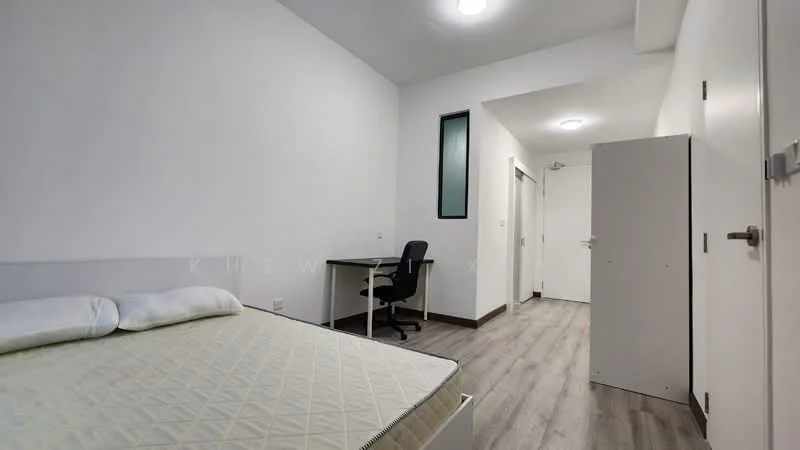 Bedroom features: single bed with mattress, white painted walls, laminate flooring, ceiling light fixture, desk with chair, built-in wardrobe, window with glass panel, door leading to hallway; style: modern.