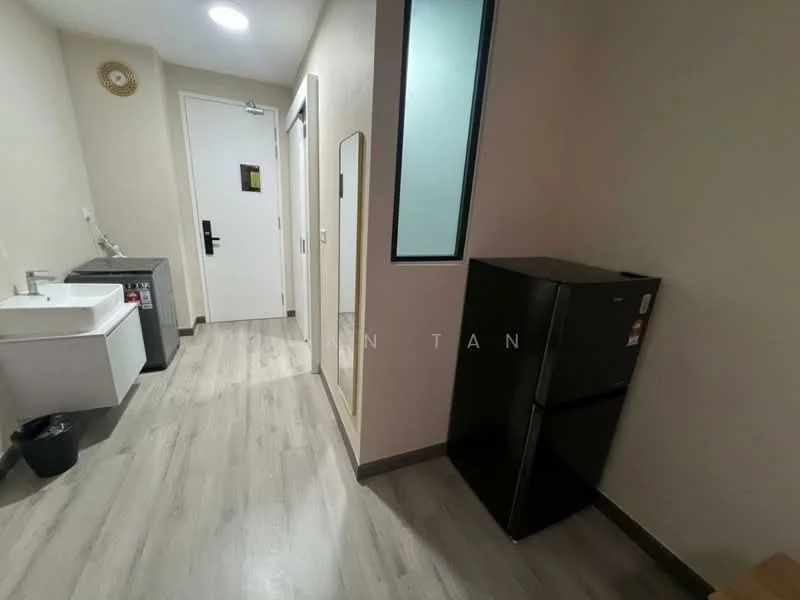 Room features: light grey laminate flooring, white painted walls, single-bowl sink, black fridge, mirror, door, window, ceiling light; style: modern.