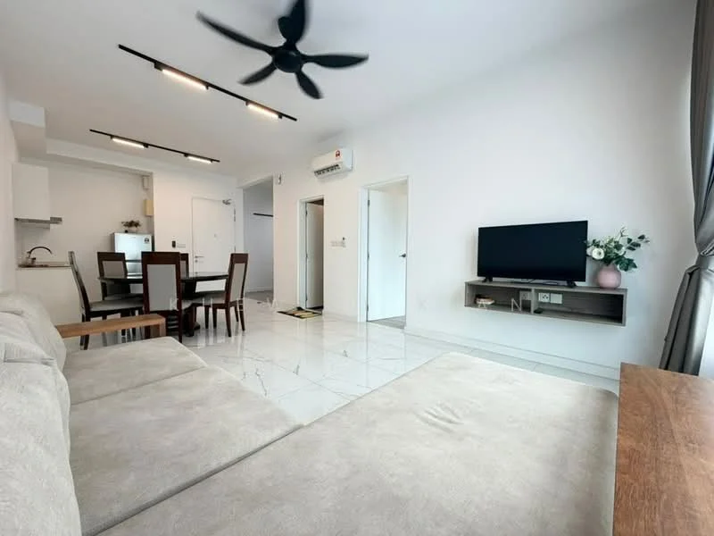 Living features: 5-blade ceiling fan with light, wall-mounted TV, light-coloured fabric sofa, dining table with four chairs, white painted walls, glossy white tile flooring, recessed LED downlights, large window with sheer curtains, air conditioning unit, wooden TV console; style: modern.