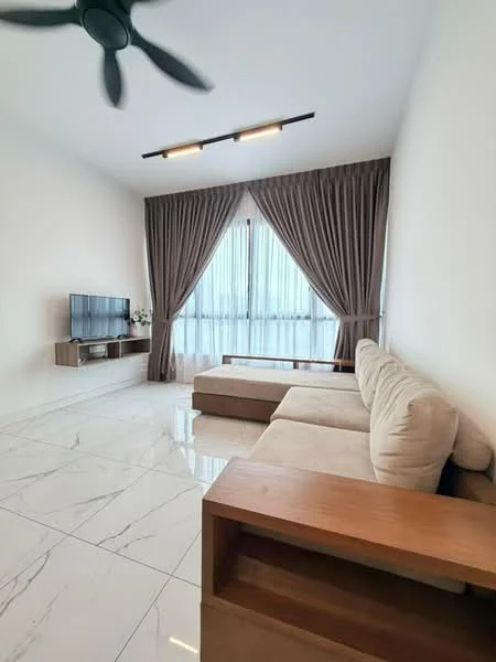 Living features: 3-seater fabric sofa in beige, coffee table, wall-mounted TV, TV console in wood, floor-to-ceiling windows, sheer curtains, dark brown curtains, marble tile flooring, 5-blade ceiling fan with light, recessed LED downlights, decorative wall paneling; style: modern; view: city.